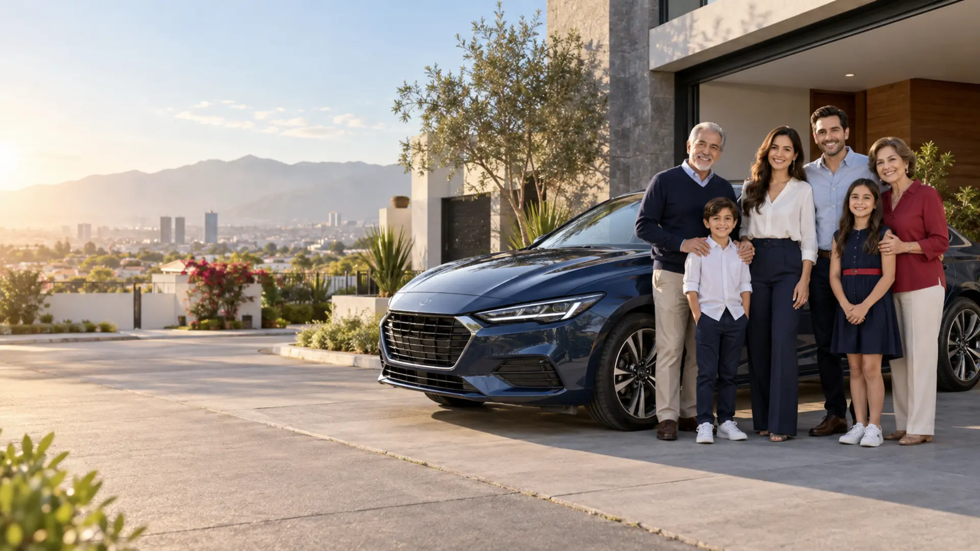 Familia junto a su automóvil y hogar