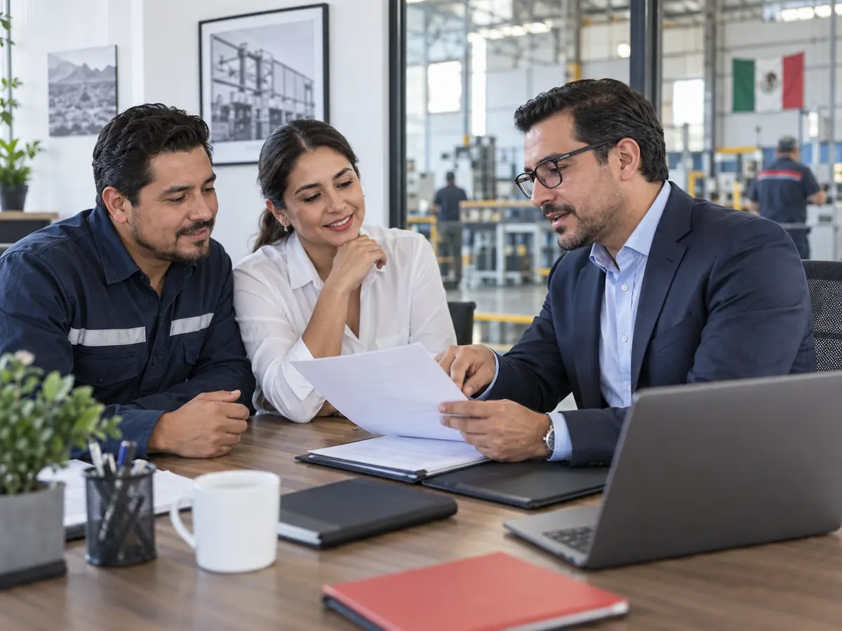 Empresarios revisando opciones de protección con un asesor